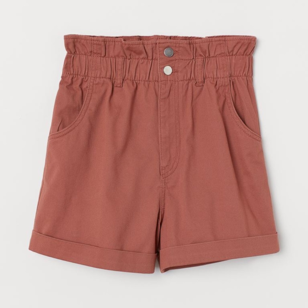 H&M Cotton High-Waisted Paperbag Shorts in Rust Orange Brown - Size 4 (Small)